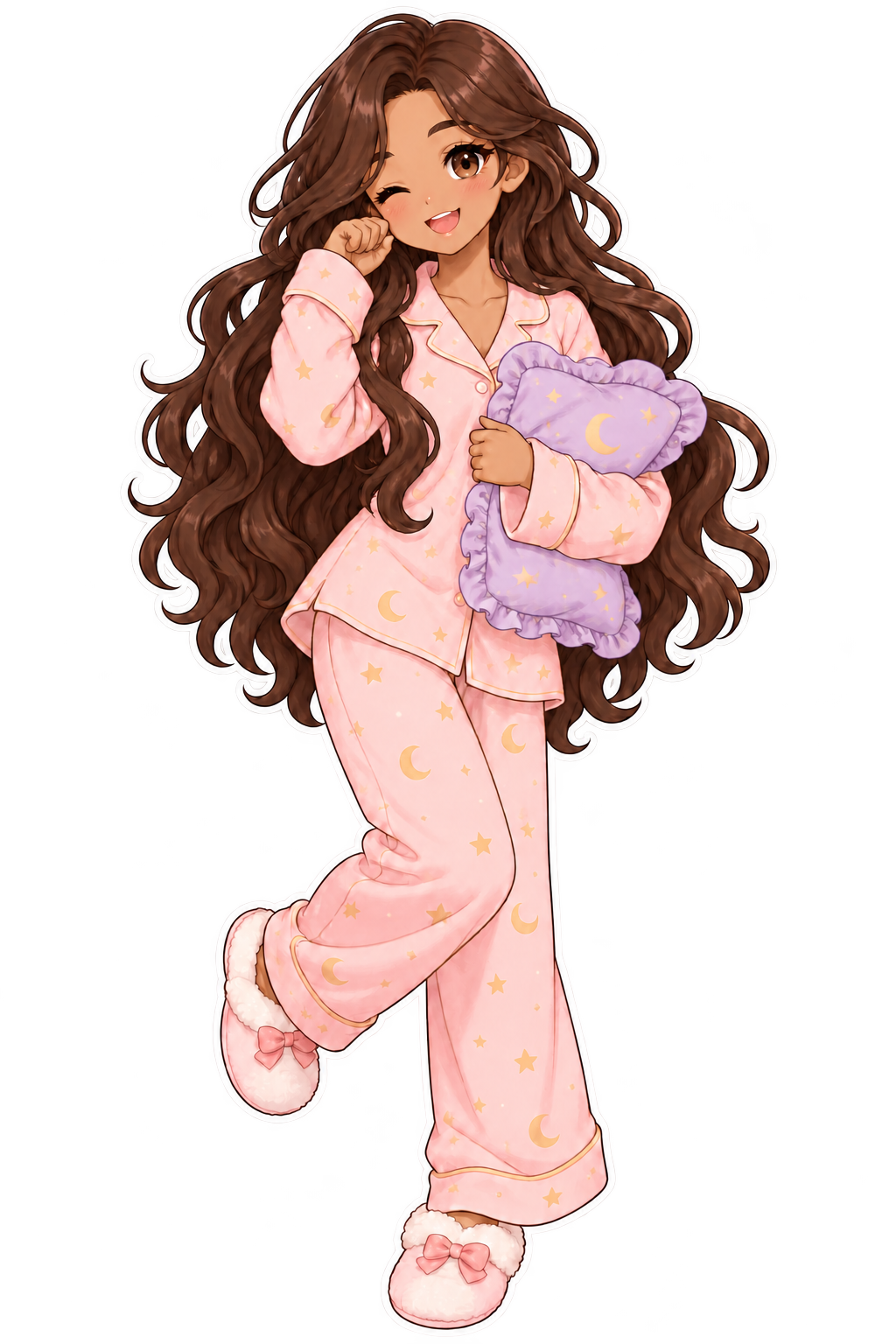Anime-style girl with long dark brown hair wearing pink starry pyjamas